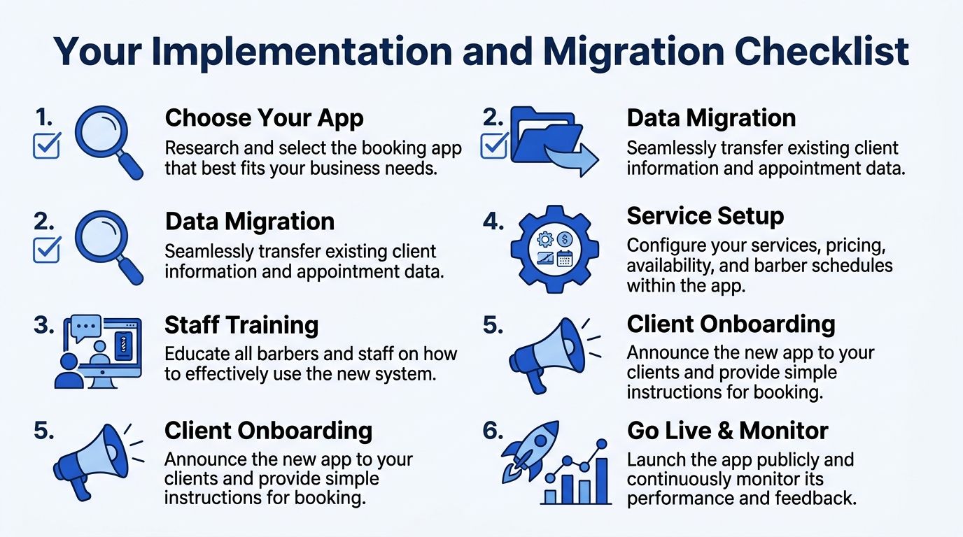 A checklist infographic illustrating six essential steps for implementing and migrating to a new barber booking app.