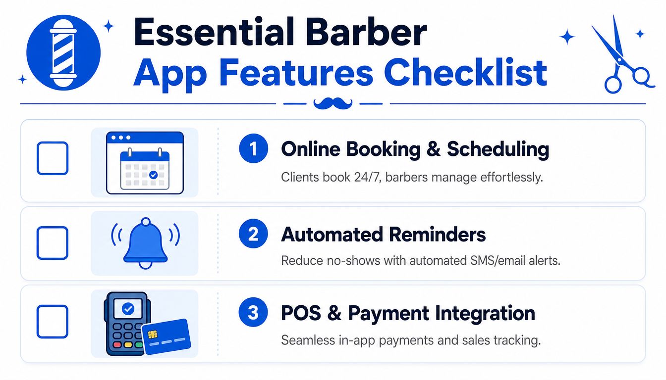 An infographic checklist for essential barber app features including online booking, automated reminders, and payment integration.