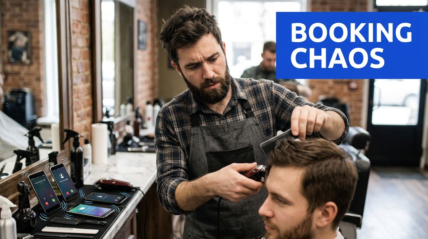 A focused barber cutting a customer's hair while multiple smartphones ring on the counter, representing scheduling pressure.